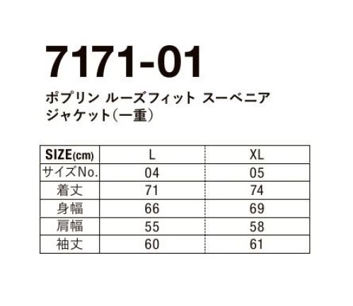 キャブ 7171-01 ポプリンルーズフィット スーベニアジャケット(一重) 光沢のある生地が魅力のライトアウター。リラックスシルエットで適度な抜け感も。・ポリエステル素材に関しての取扱注意ポリエステル素材の製品は使用している染料の特徴として、プリントや熱加工時の状況、および保管環境条件等により昇華移染(ブリード)を起こすことがあります。熱加工は120℃以下を推奨しますが、120℃以下でもブリードを起こすことがありますので温度管理に注意してください。ブリードの発生をさらに抑制するためには、ローブリードインクの使用を推奨します。・インクジェットプリントに関しての取扱注意この商品は前処理剤の定着が悪いため、インクジェットプリントに対応していません。※この商品はご注文後のキャンセル、返品及び交換は出来ませんのでご注意下さい。※なお、この商品のお支払方法は、前払いにて承り、ご入金確認後の手配となります。 サイズ／スペック